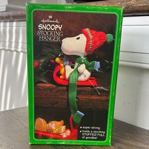 Vintage Hallmark Snoopy Stocking Hanger in original box, Woodstock, scarf, sled
